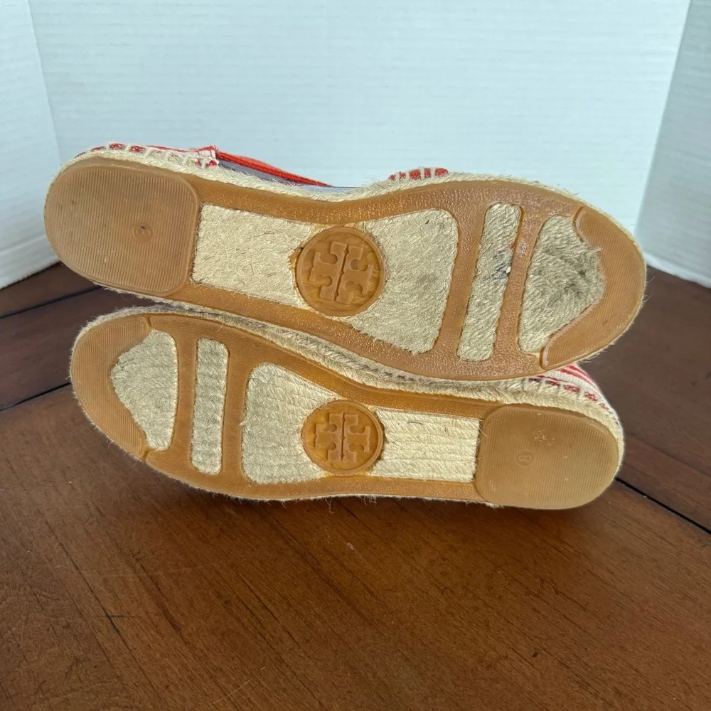 Tory Burch Red White Striped Canvas‎ Elastic Strap Espadrille Flats 8
